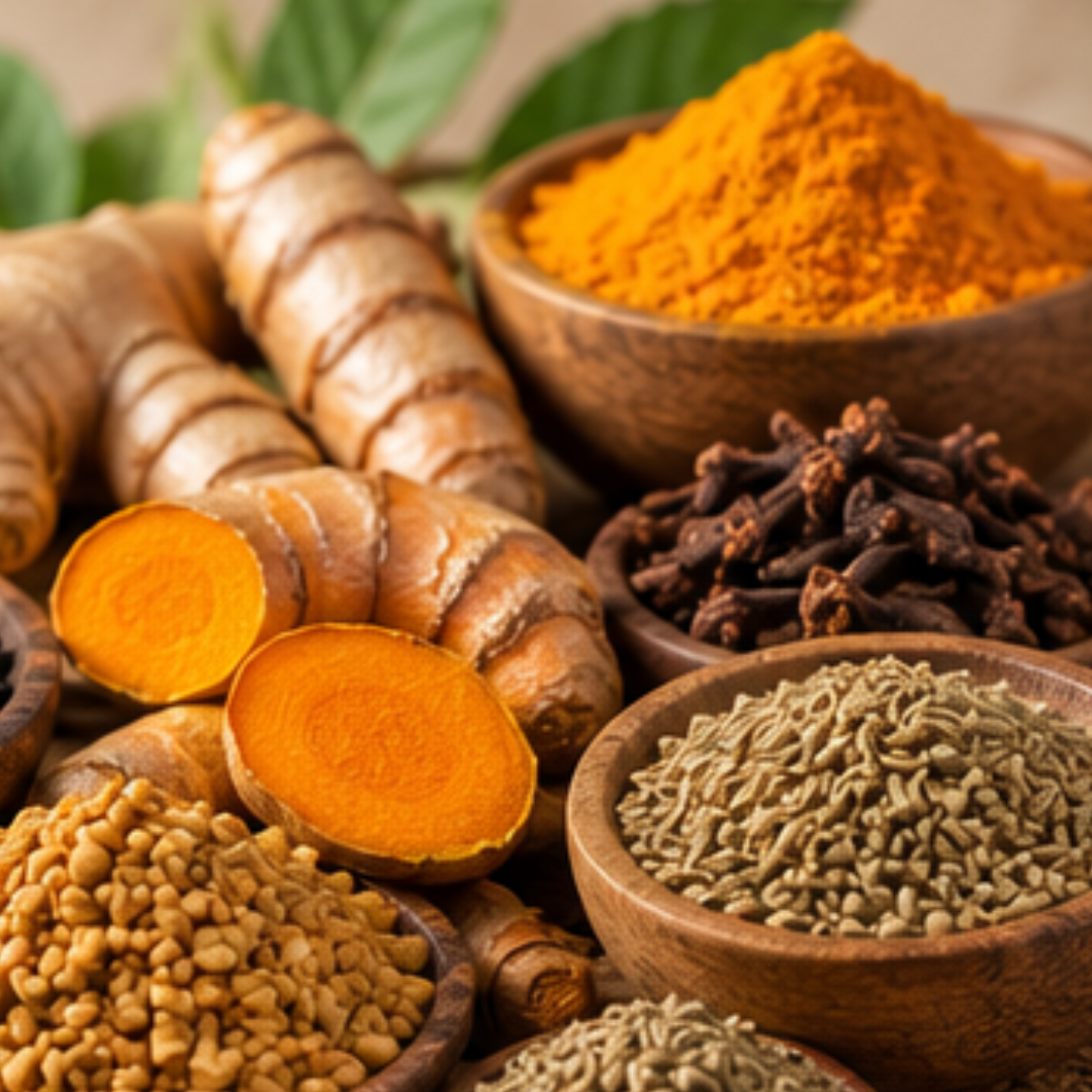 Clove, Kalonji, Fenugreek, Ajwain, Ginger, Turmeric
